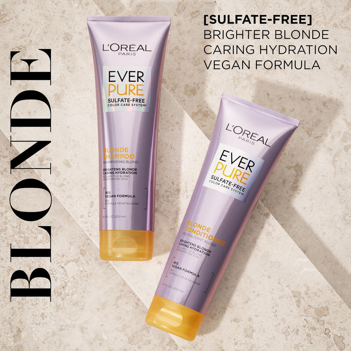 Close-up of L'Oreal Paris pump dispensing EverPure Blonde shampoo for easy application