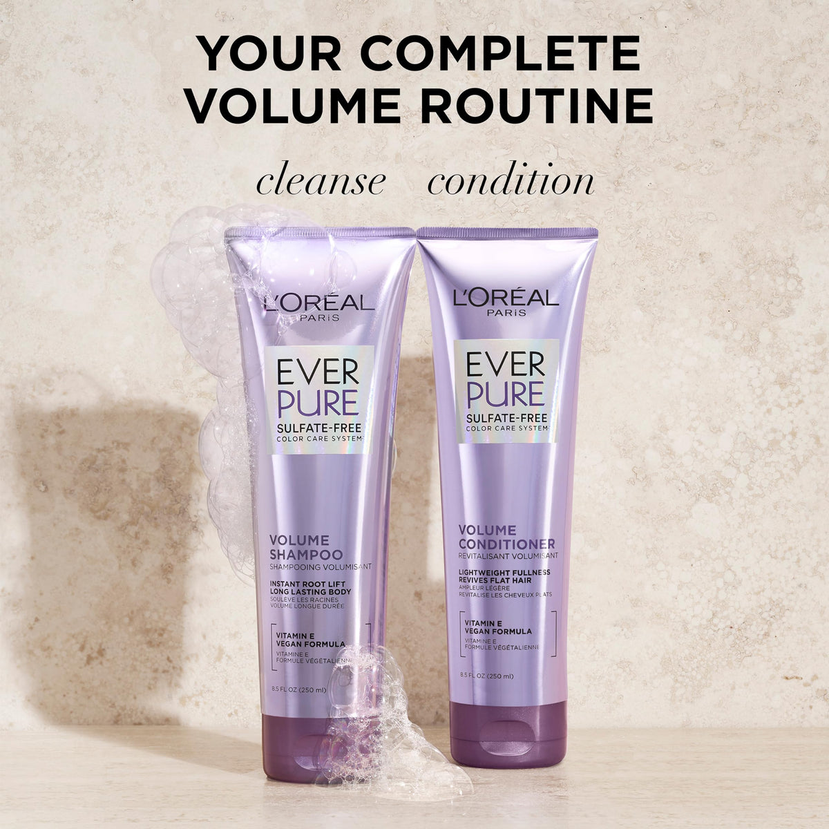 L'Oreal Paris EverPure shampoo and conditioner duo on bath shelf for daily routine