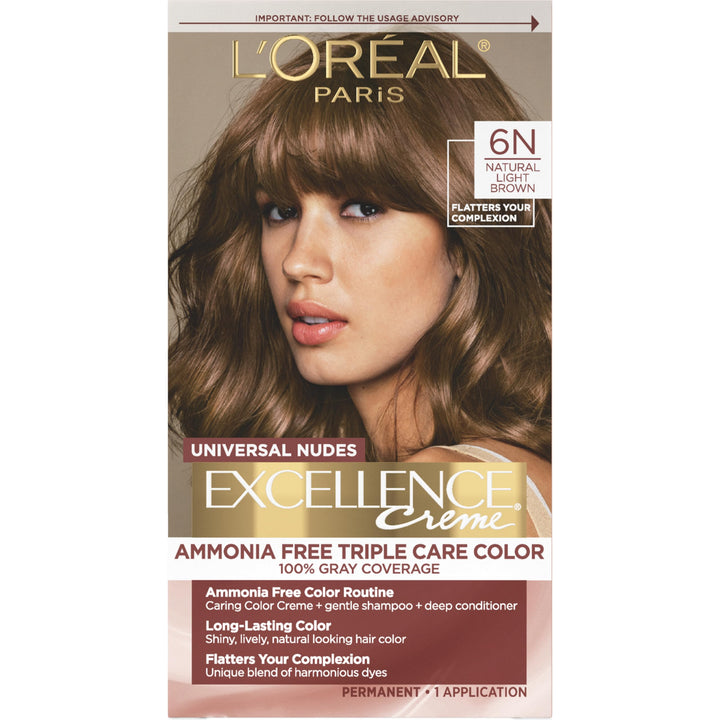 L'Oreal Paris front packaging showing 6N Natural Light Brown and benefits