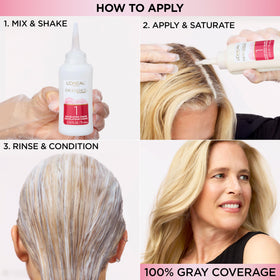 Before and after portrait showing L'Oreal Paris results with full gray coverage and richer color