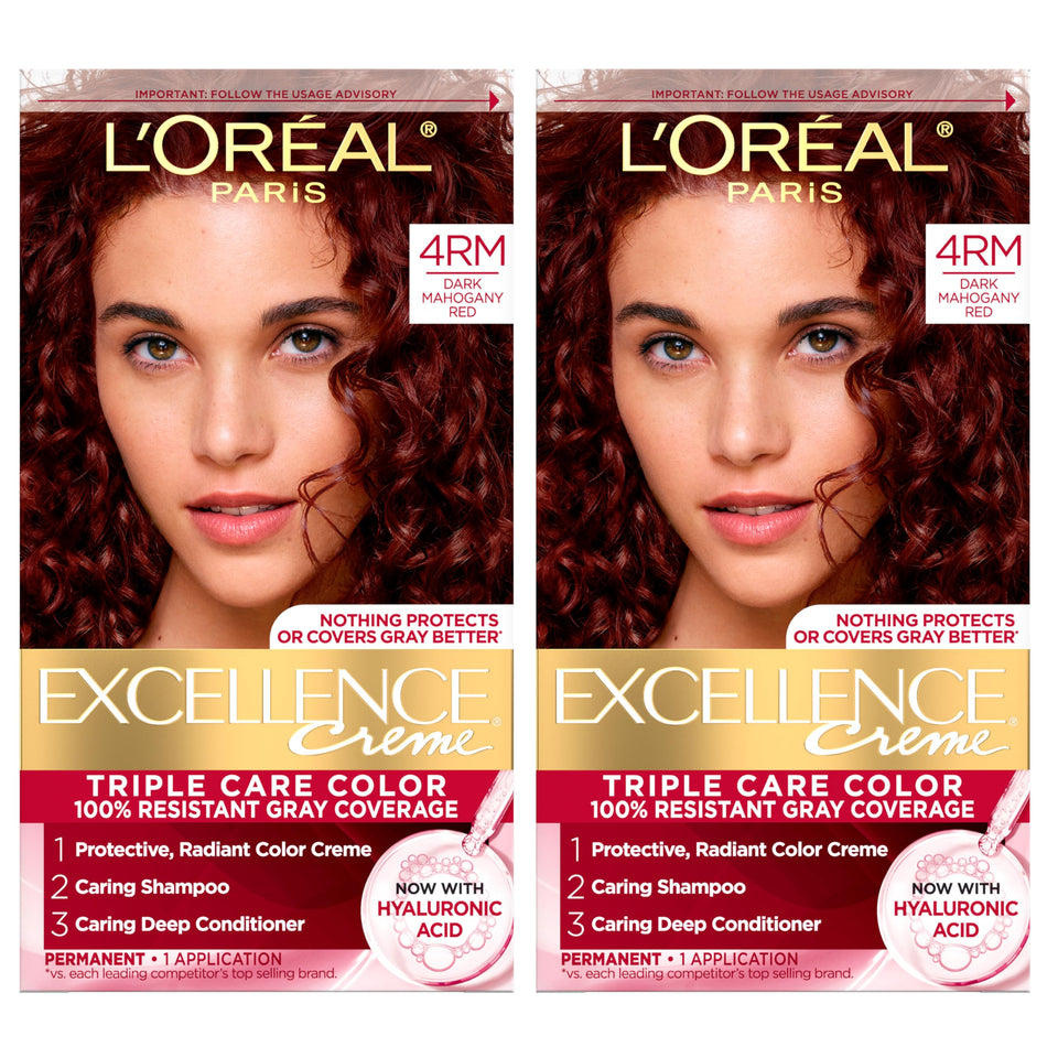 L'Oreal Paris box front showing dark mahogany red shade and kit contents benefit: clear shade choice