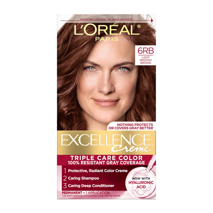 L'Oreal Paris box front showing Excellence Crème kit and shade 6RB benefits
