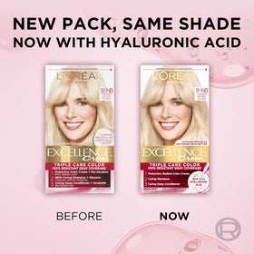 L'Oreal Paris finished light natural blonde on model outdoors, reflects natural-looking color