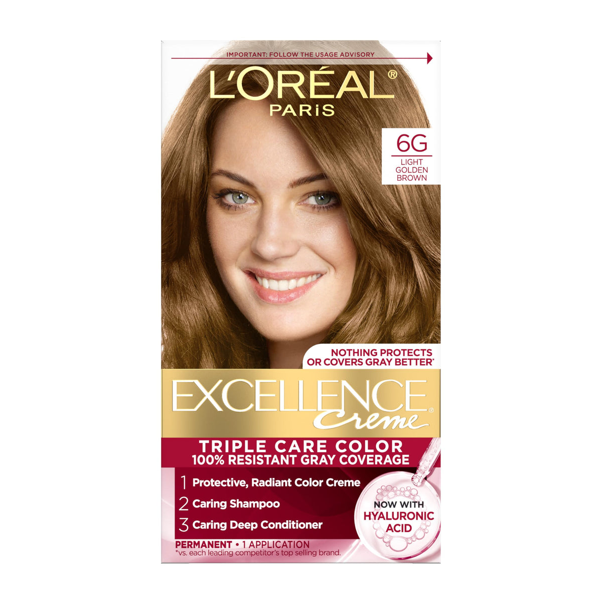 L'Oreal Paris front box showing shade 6G and kit contents benefit clear shade choice
