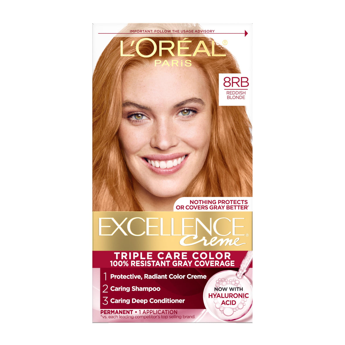 L'Oreal Paris front box displaying rich reddish-blonde shade and full gray coverage benefit