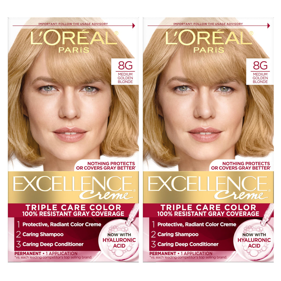 L'Oreal Paris front packaging of Excellence Crème showing kit benefits
