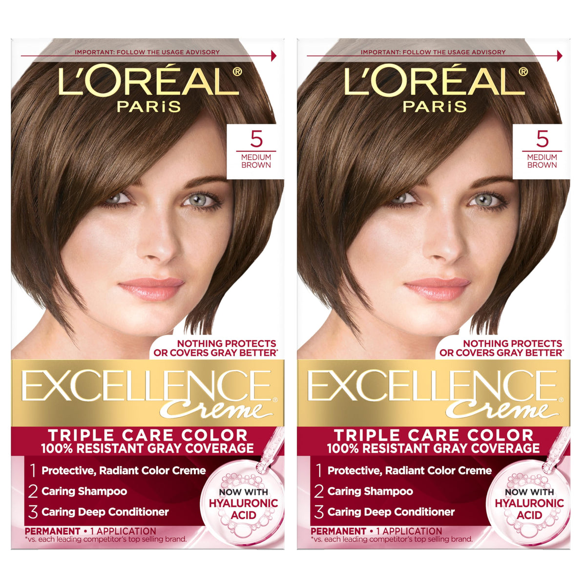 L'Oreal Paris front packaging showing shade 5 Medium Brown and benefits