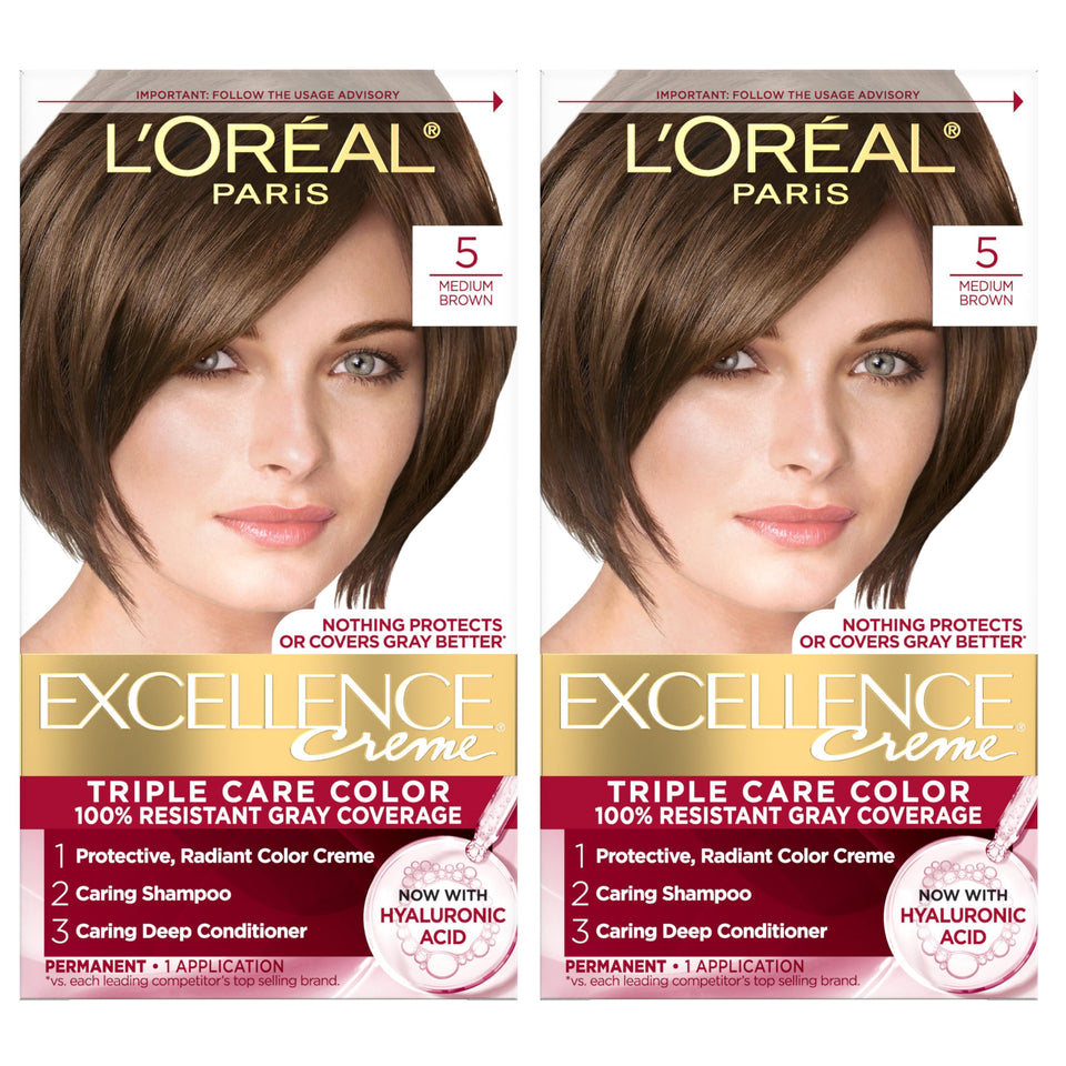 L'Oreal Paris front packaging showing shade 5 Medium Brown and benefits