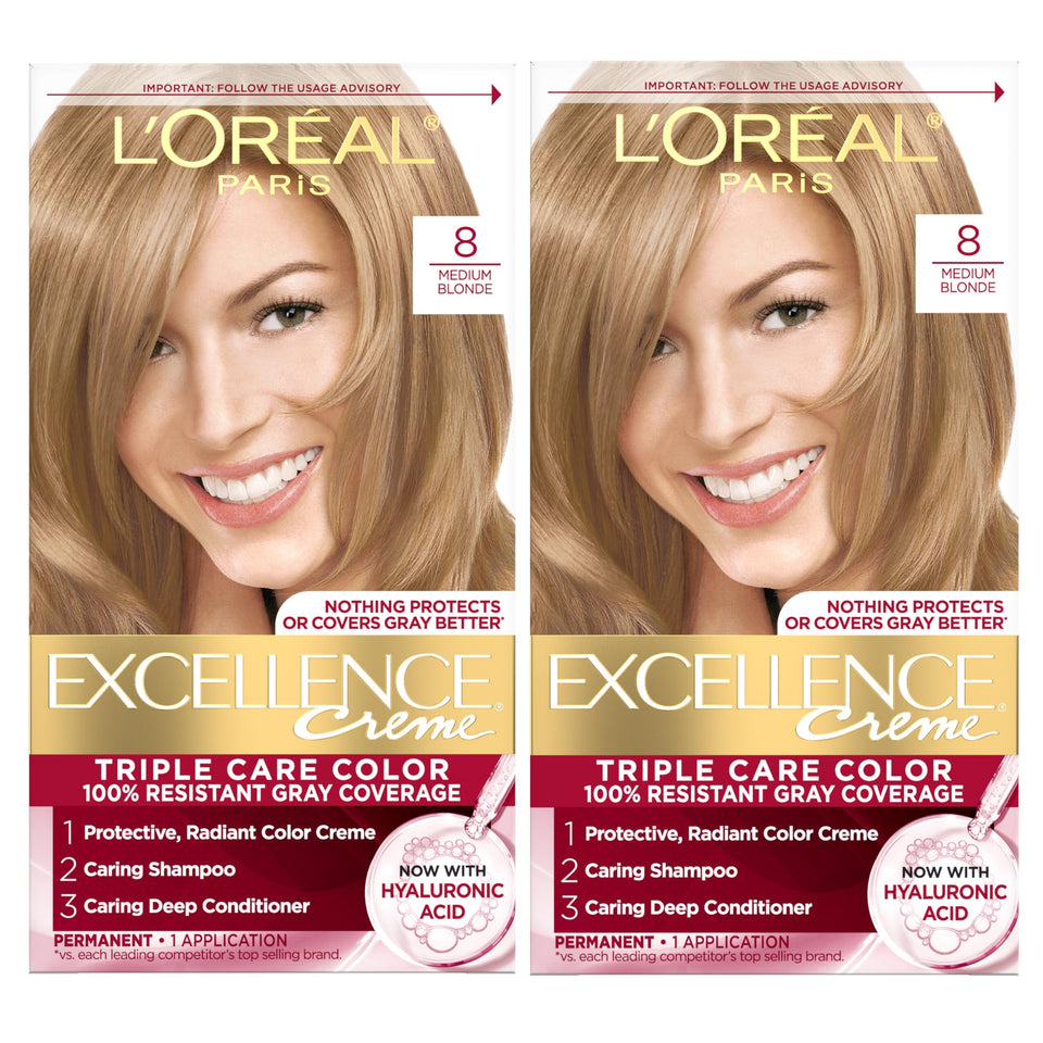 L'Oreal Paris front packaging showing kit contents and shade 8 Medium Blonde benefit clarity