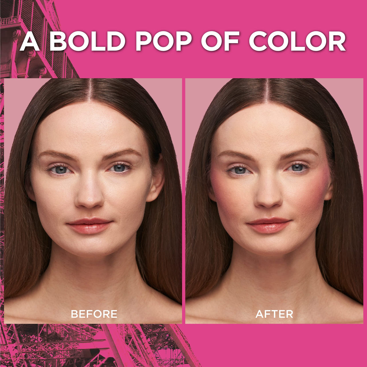 L'Oreal Paris brush applying Fearless Coral on cheek for buildable color benefit