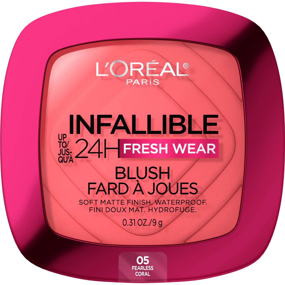 L'Oreal Paris compact front view showing Fearless Coral shade and compact design benefit