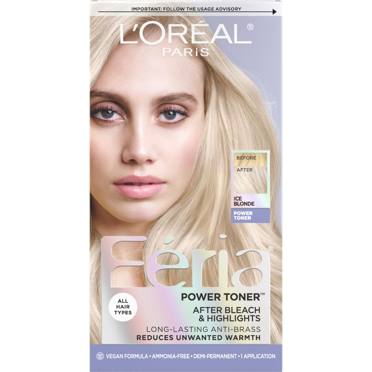 L'Oreal Paris front packaging showing toner benefit and cool blonde result