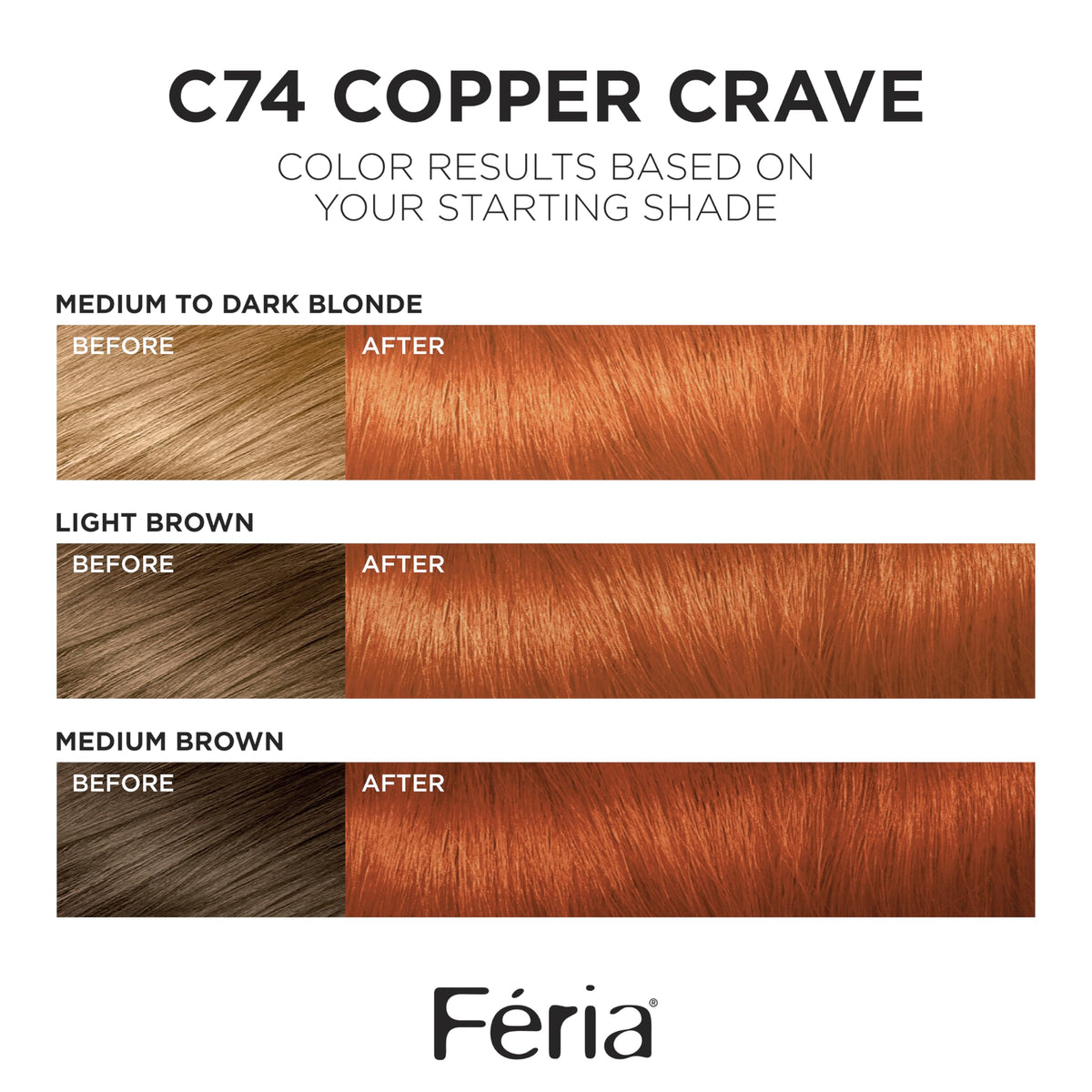 L'Oreal Paris Feria C74 applied on a model with long hair showing vibrant copper shine