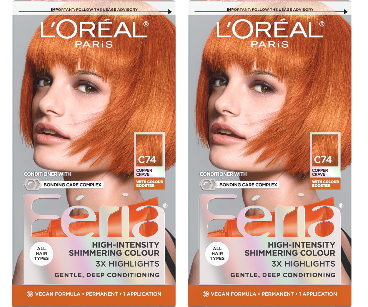 L'Oreal Paris Feria C74 front packaging showing vibrant copper shade and pack of two