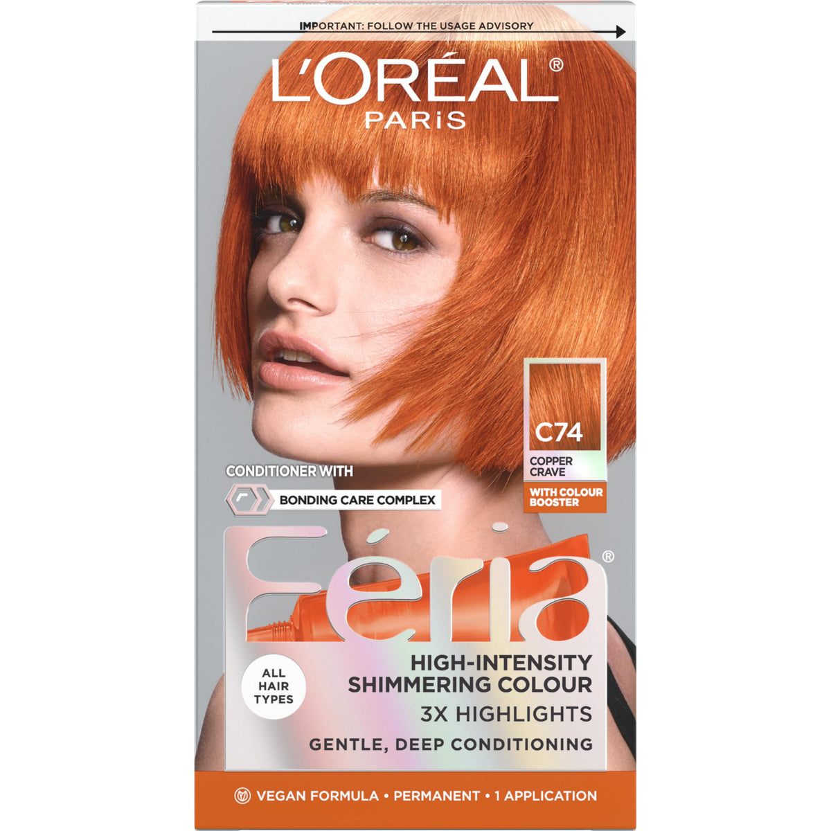 L'Oreal Paris Feria C74 front packaging showing bold copper shade and shimmer