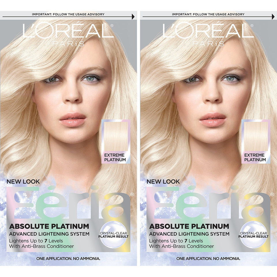 L'Oreal Paris Feria front packaging showing bold platinum shade and shimmer benefits