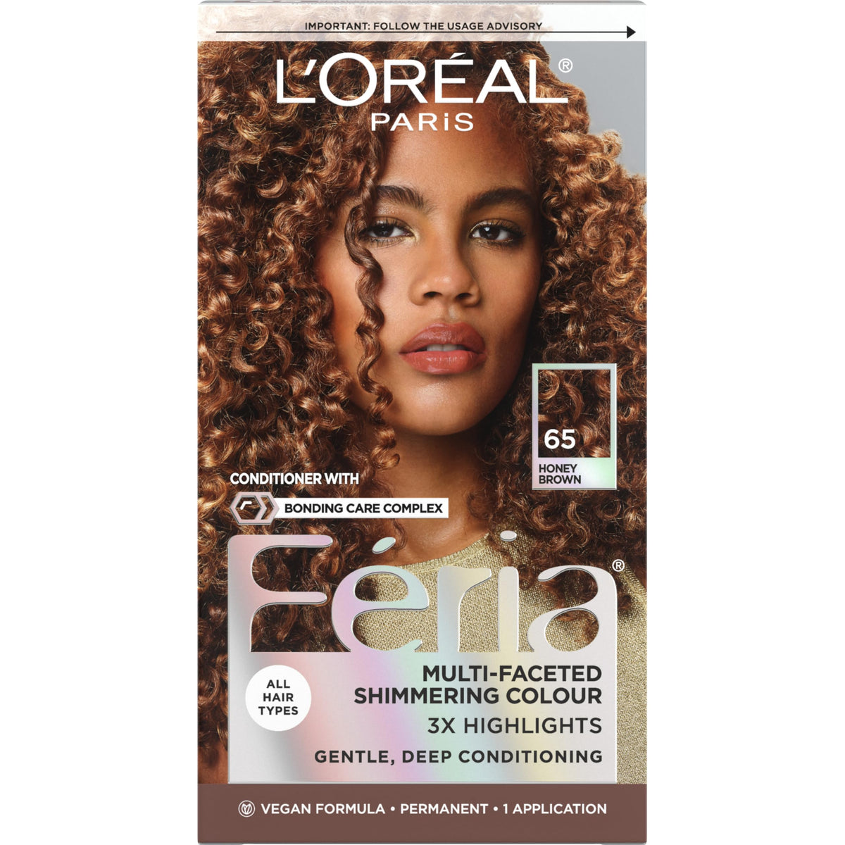 L'Oreal Paris Feria front packaging showing Honey Brown shade and three-tone promise