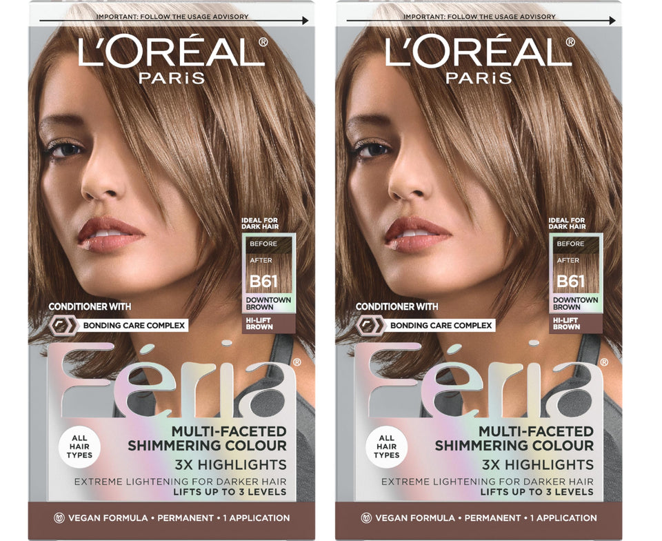 L'Oreal Paris Feria front packaging showing B61 Downtown Brown and pack of two, clear product details and benefits