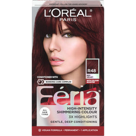 L'Oreal Paris Feria front packaging showcasing R48 Red Velvet and kit benefits