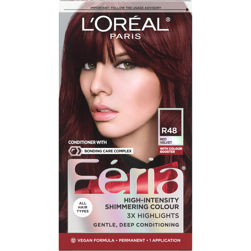 L'Oreal Paris Feria front packaging showcasing R48 Red Velvet and kit benefits