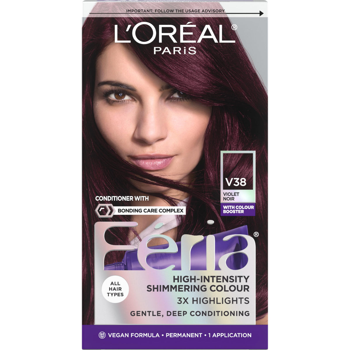 L'Oreal Paris Feria front packaging showing vibrant violet noir and shimmer