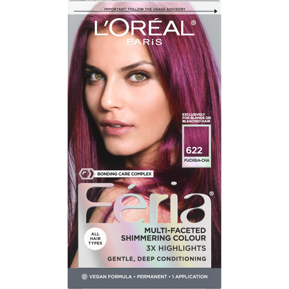 L'Oreal Paris Feria front packaging showing fuchsia shade and bold finish