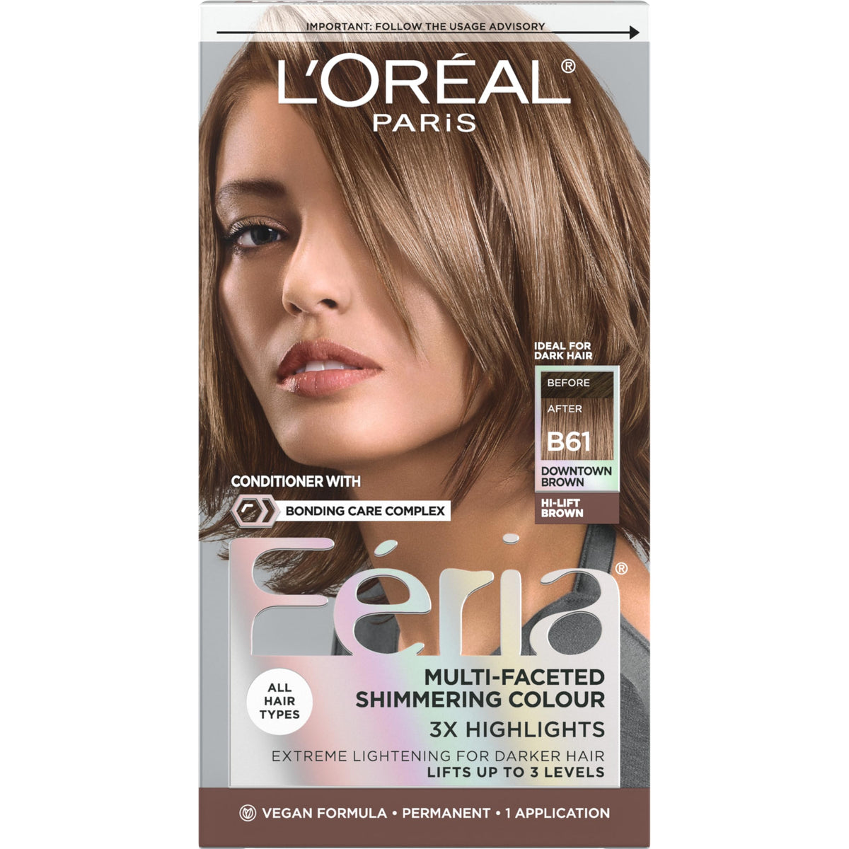 L'Oreal Paris Feria front packaging showing product benefits and shade