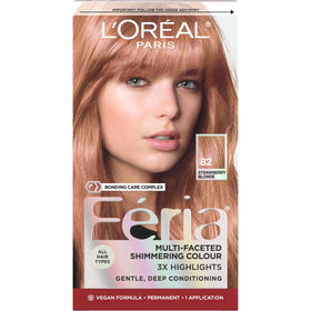 L'Oreal Paris Feria front packaging showing shade 82 strawberry blonde and kit benefits