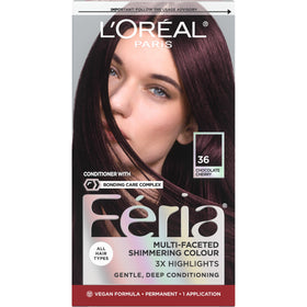 L'Oreal Paris Feria front packaging showing Chocolate Cherry shade and shimmer benefits