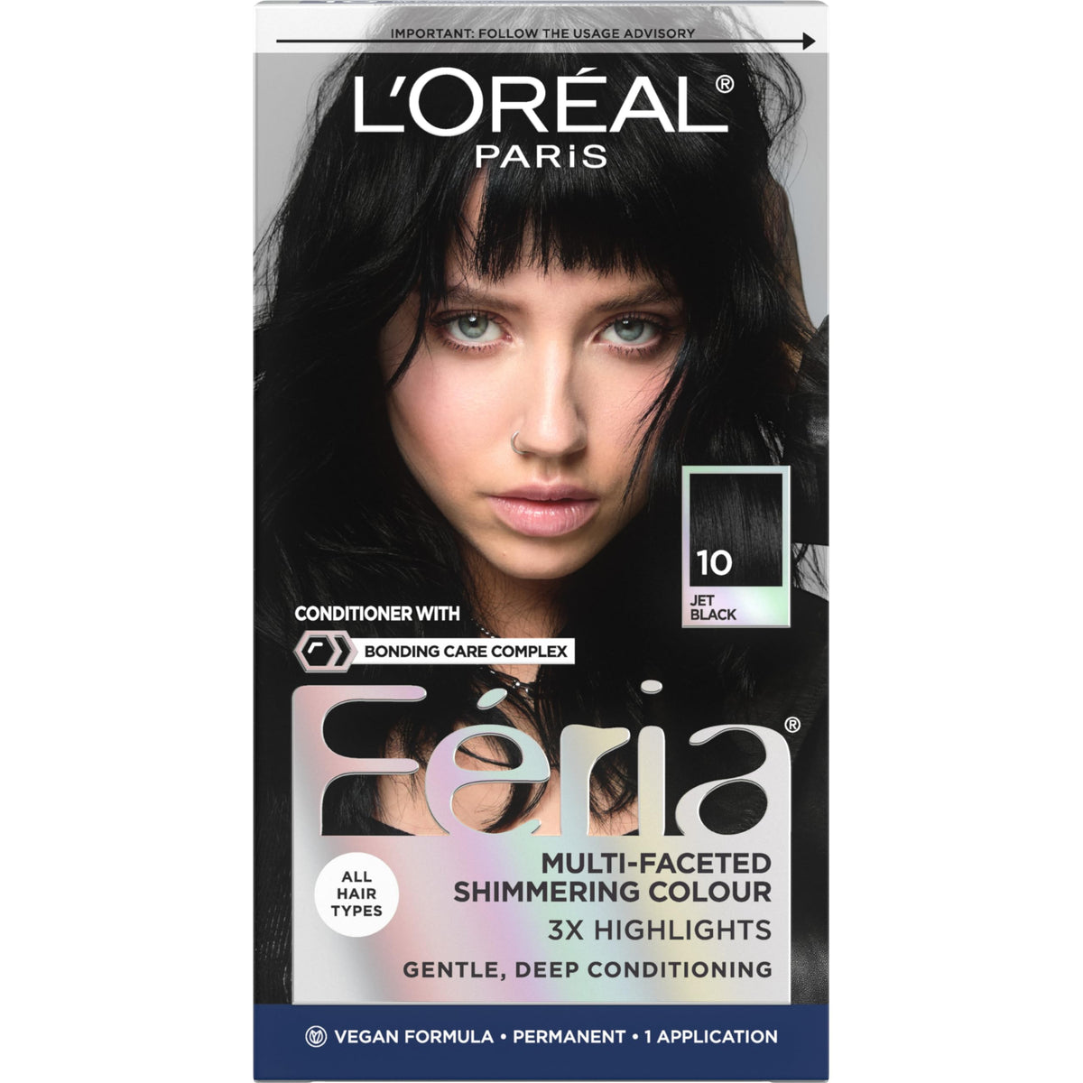L'Oréal Paris Feria box front showing shade 10 Jet Black and kit contents benefit vivid color