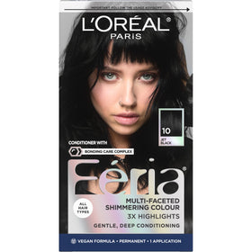 L'Oréal Paris Feria box front showing shade 10 Jet Black and kit contents benefit vivid color