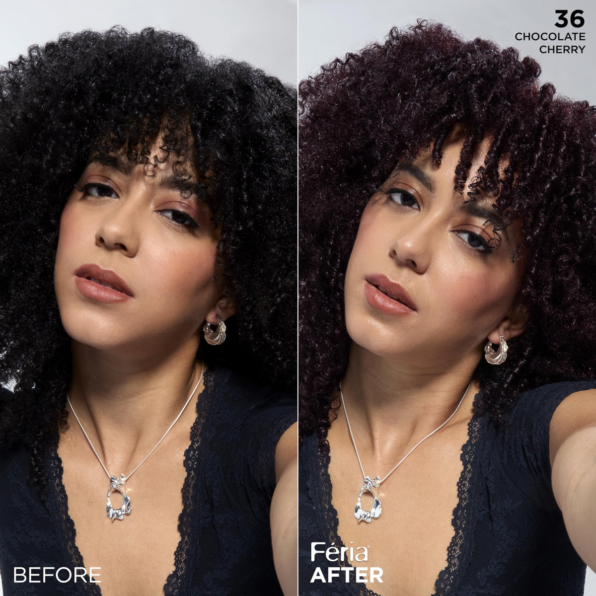 L'Oreal Paris Feria swatches on hair strands illustrating multi-tonal shimmer and color depth