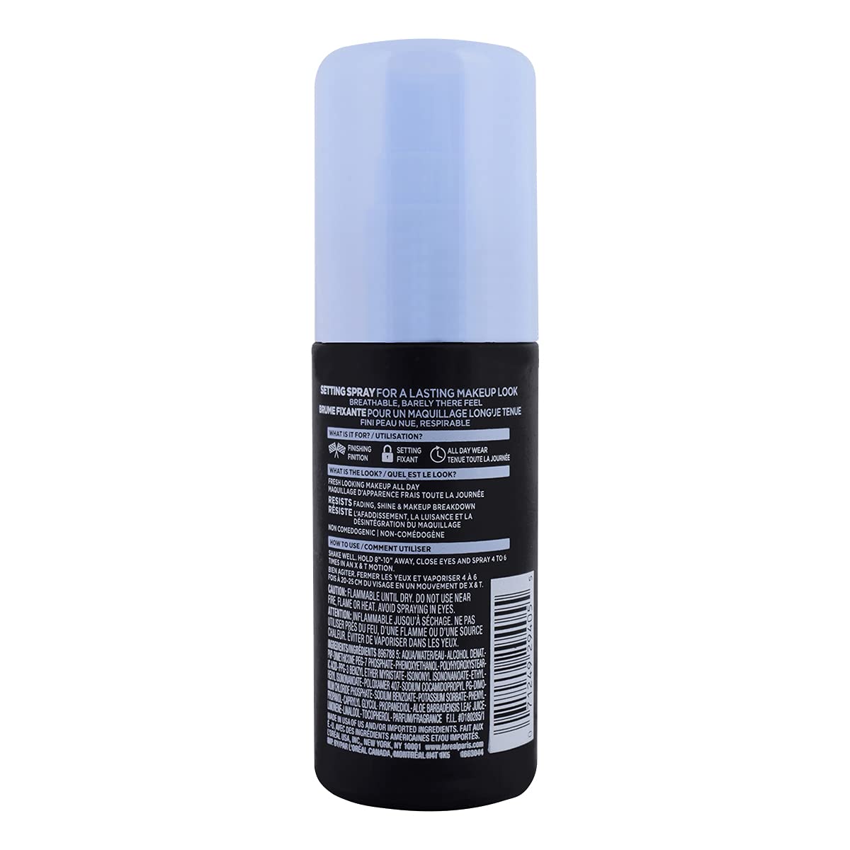 L'Oreal Paris mist landing on skin texture illustrating lightweight finish