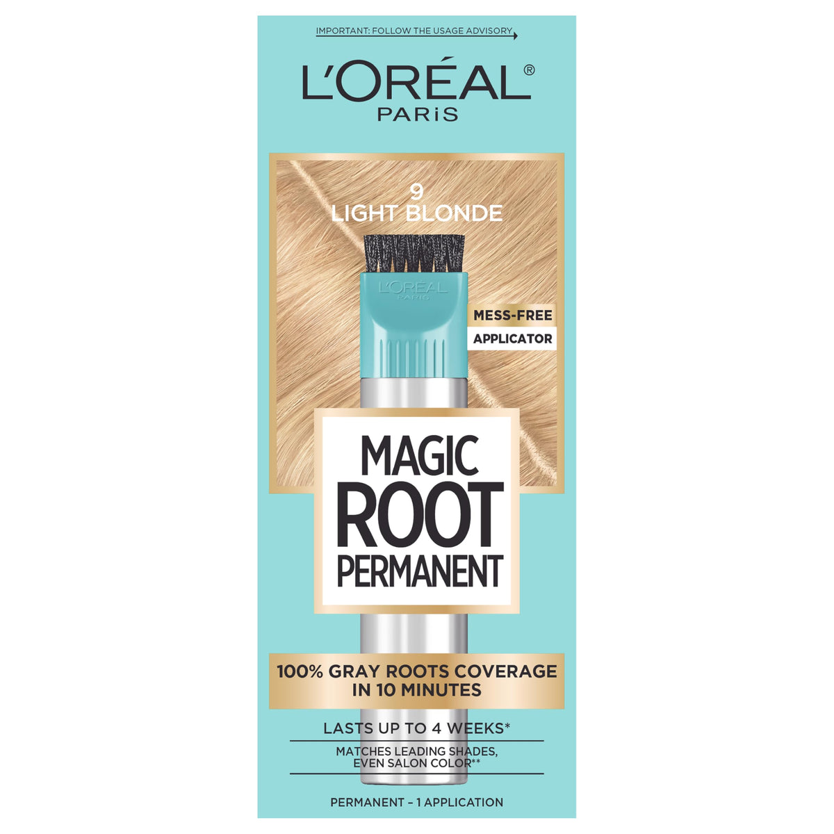 L'Oreal Paris front packaging showing shade 9 Light Blonde and quick 10-minute claim for fast results