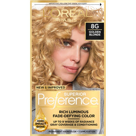 L'Oreal Paris front packaging showing Golden Blonde 8G and benefits