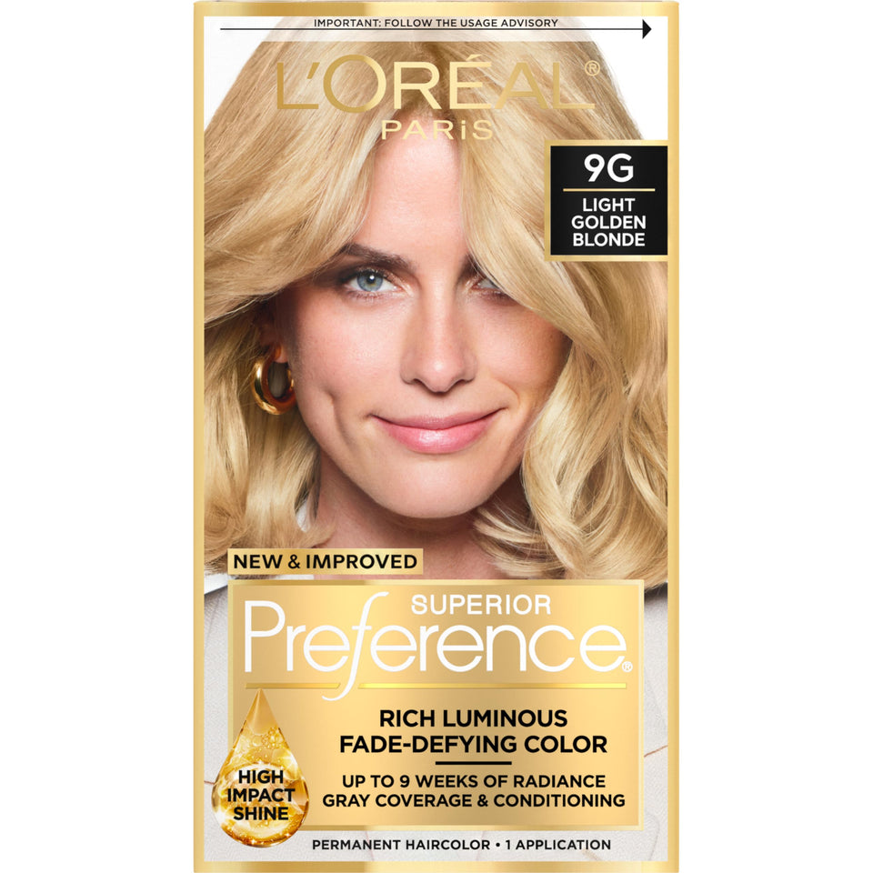 L'Oreal Paris front packaging of 9G light golden blonde showing shade and benefits