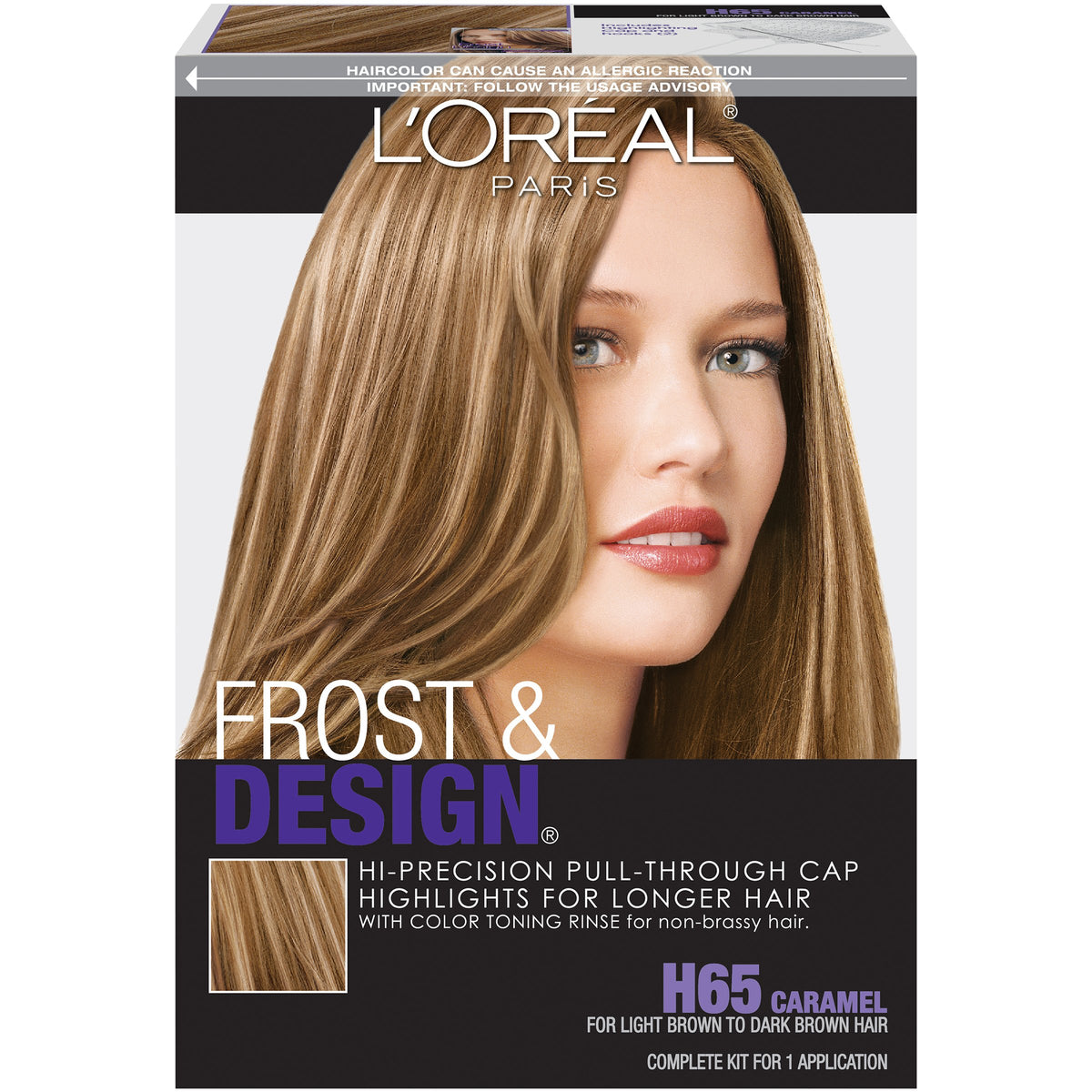 L'Oreal Paris front packaging showing caramel highlight kit benefit of precise placement