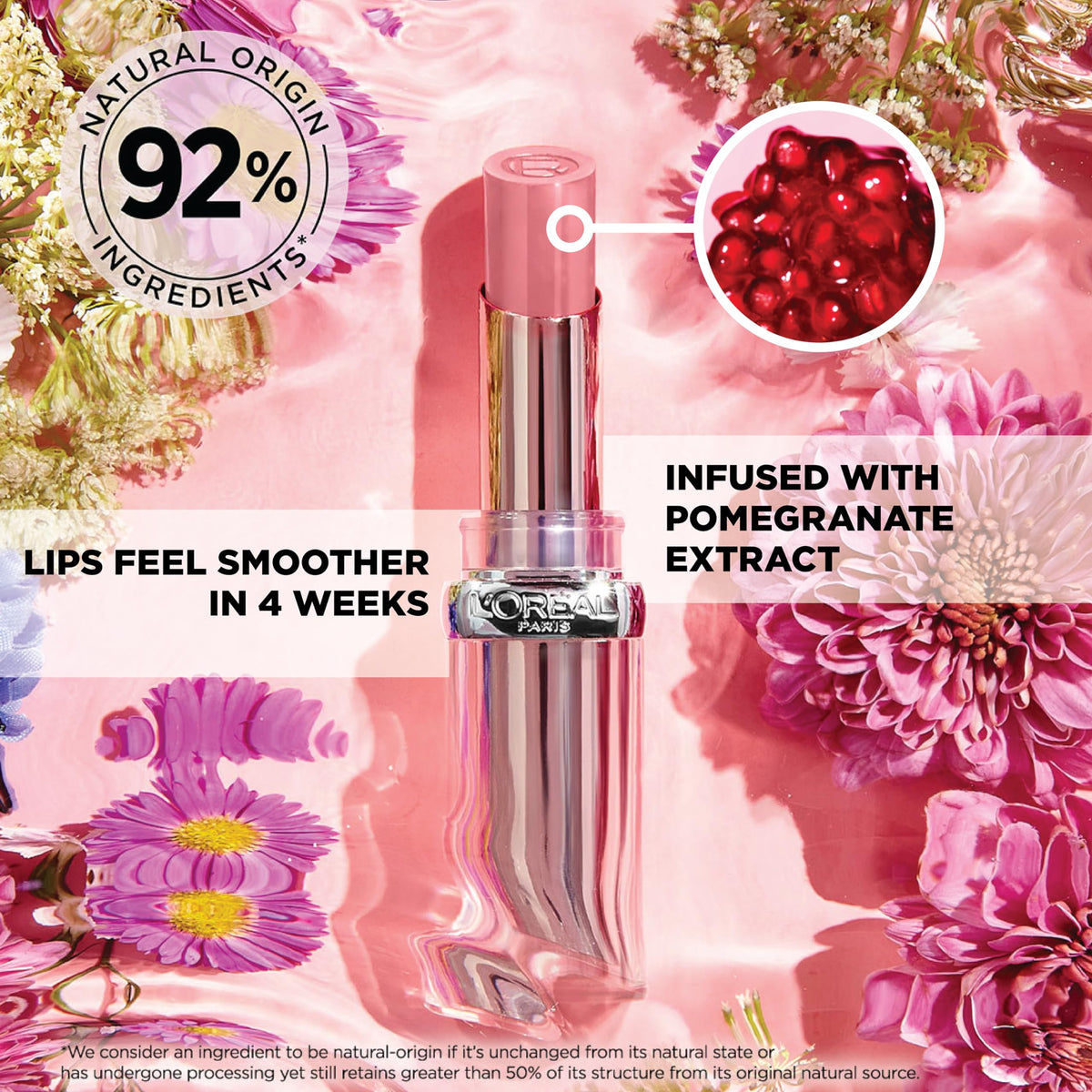 L'Oreal Paris lip swatch on model showing Blush Fantasy buildable color