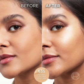 L'Oreal Paris glow stick texture swatch on skin illustrating buildable satin luminosity