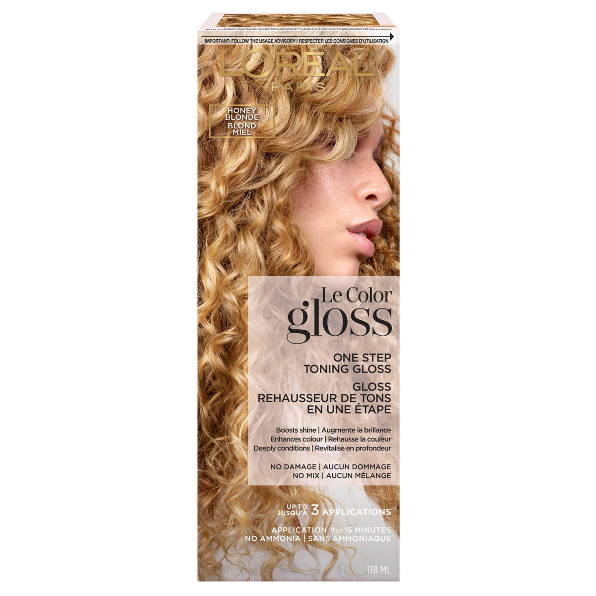 L'Oreal Paris front packaging of Honey Blonde gloss shows product and benefits