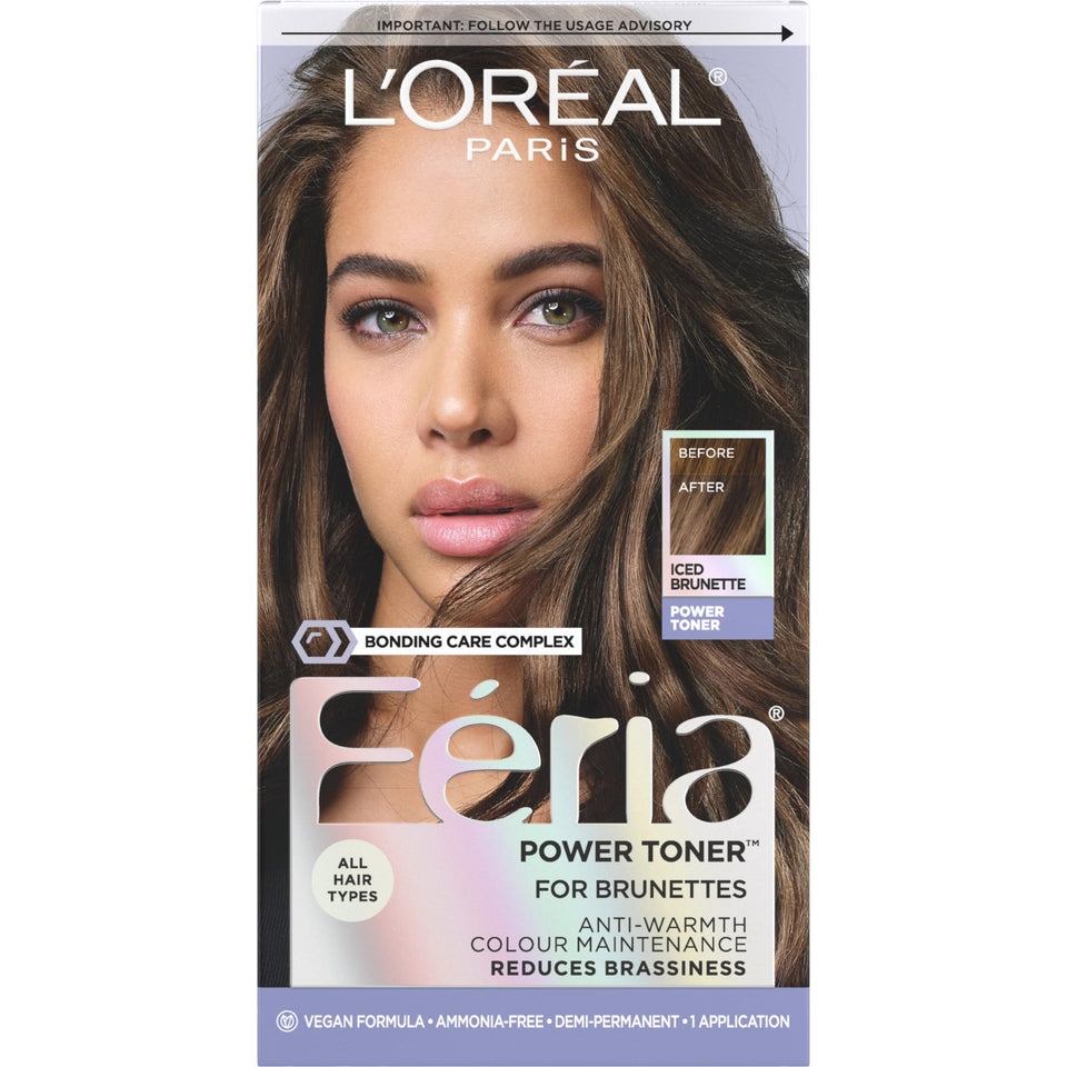 L'Oreal Paris front packaging of Iced Brunette toner showing kit and benefits