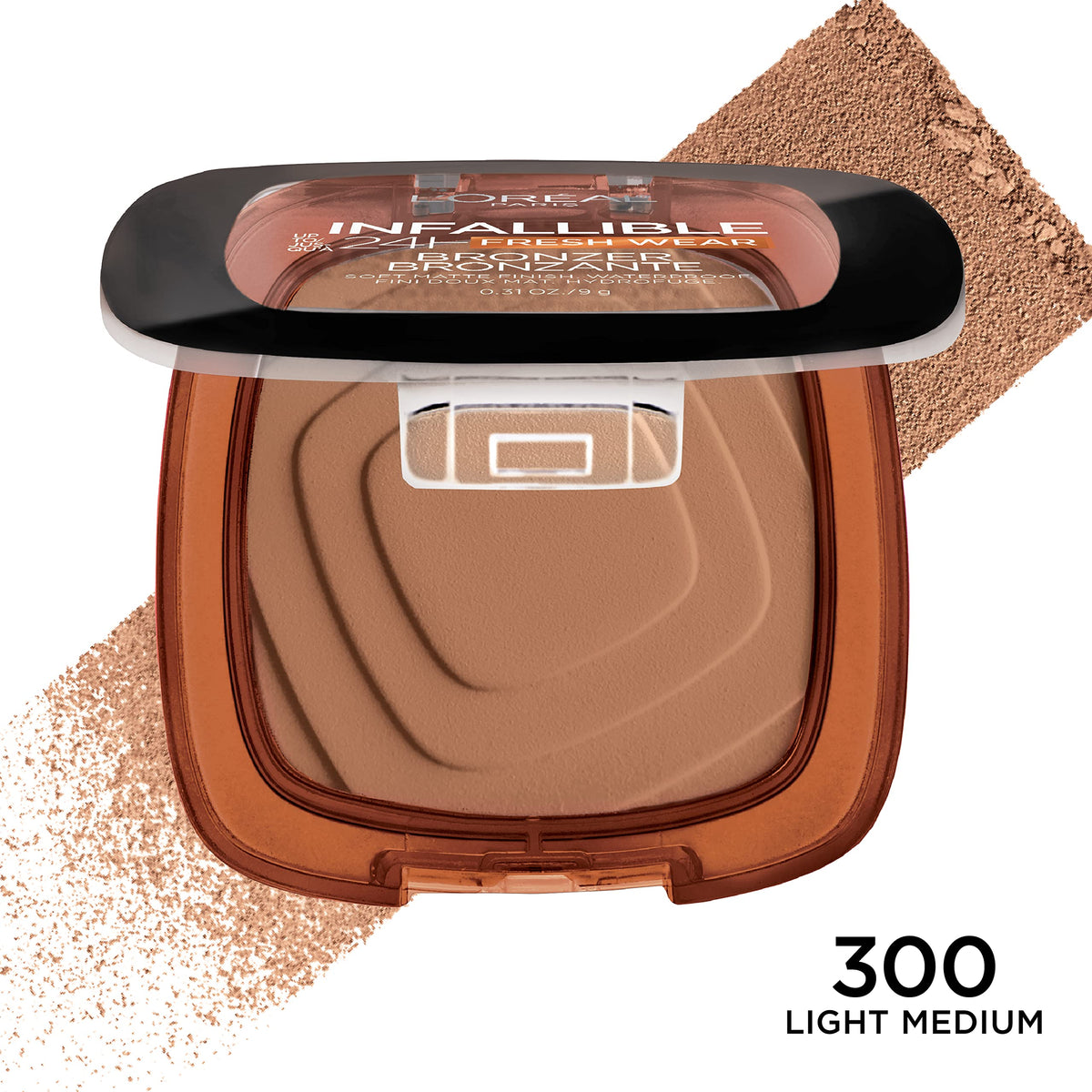 L'Oreal Paris bronzer brush swatch demonstrating buildable, blendable payoff