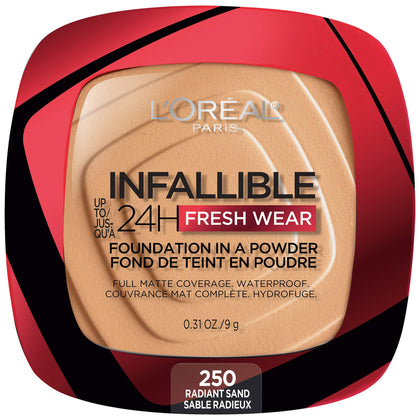 L'Oreal Paris compact front view showing sleek branding and portable design benefit
