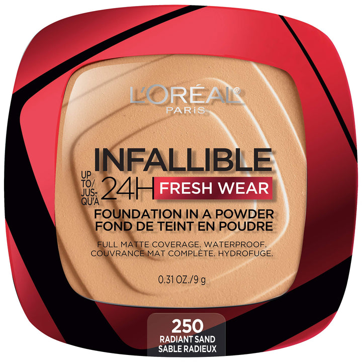 L'Oreal Paris compact front view showing sleek branding and portable design benefit