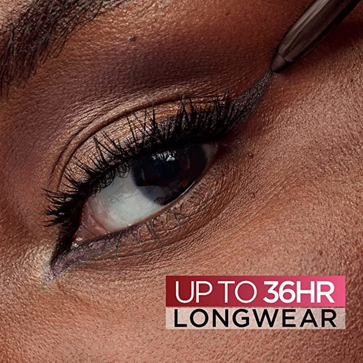 L'Oreal Paris eyeliner applied on model eye showing color payoff benefit enhanced definition