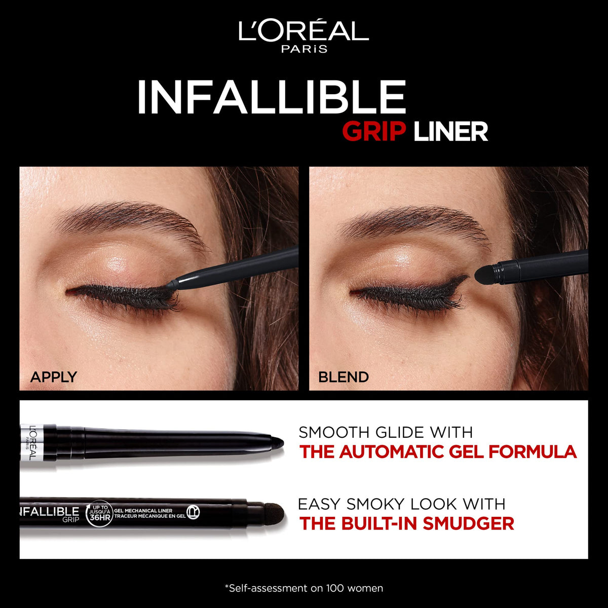 L'Oreal Paris pencil beside a coin for scale showing compact size benefit travel-friendly