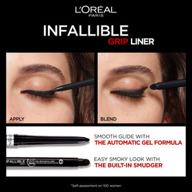L'Oreal Paris pencil beside a coin for scale showing compact size benefit travel-friendly