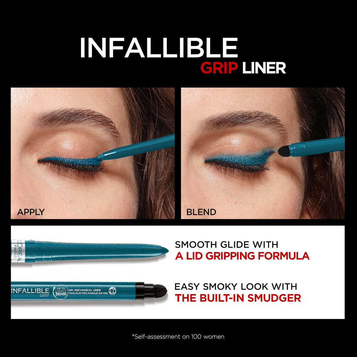 L'Oreal Paris turquoise eyeliner swatch on skin showing vibrant payoff