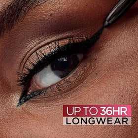 L'Oreal Paris eyeliner applied in winged eye look demonstrating longwear definition benefit