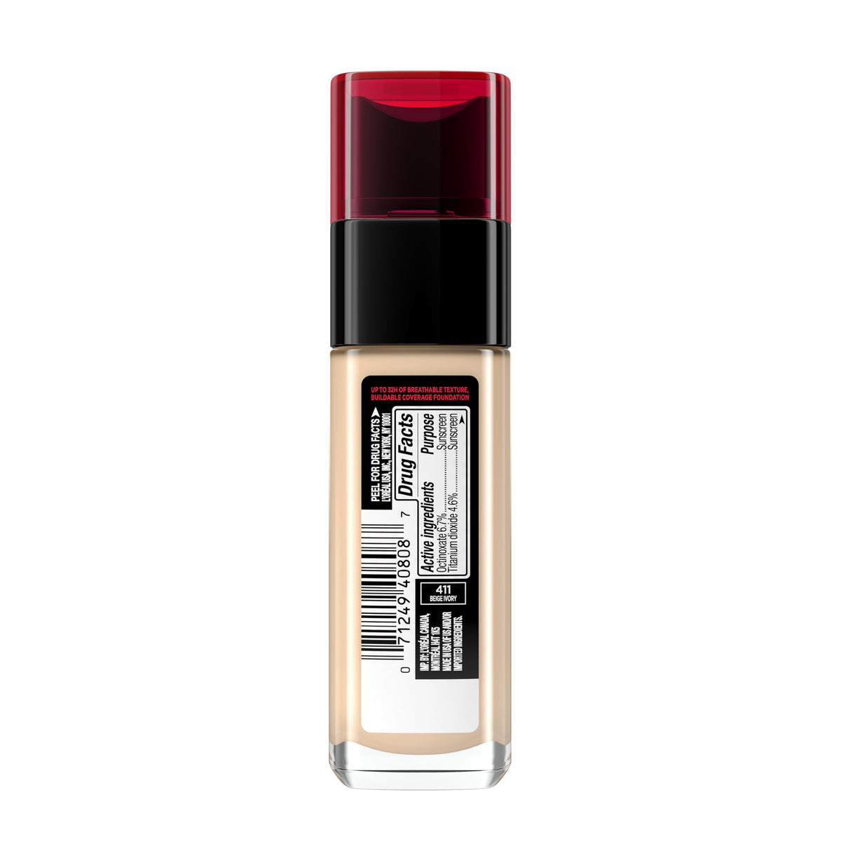 L'Oreal Paris ingredients and SPF visual emphasizing protection and longwear benefits
